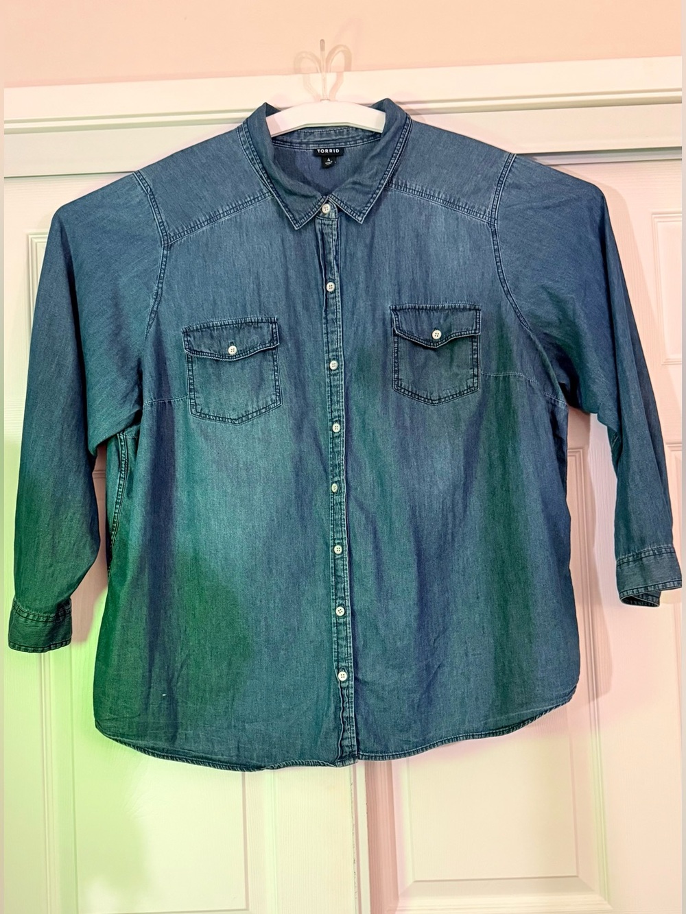 Plus Size Torrid Washed Pre-Loved soft Denim Button-Front Shirt in Blue
